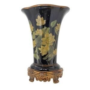 Vintage 1980s Wall Pocket Black & Gold Ceramic Chinoiserie Rinoko Roses Bombay